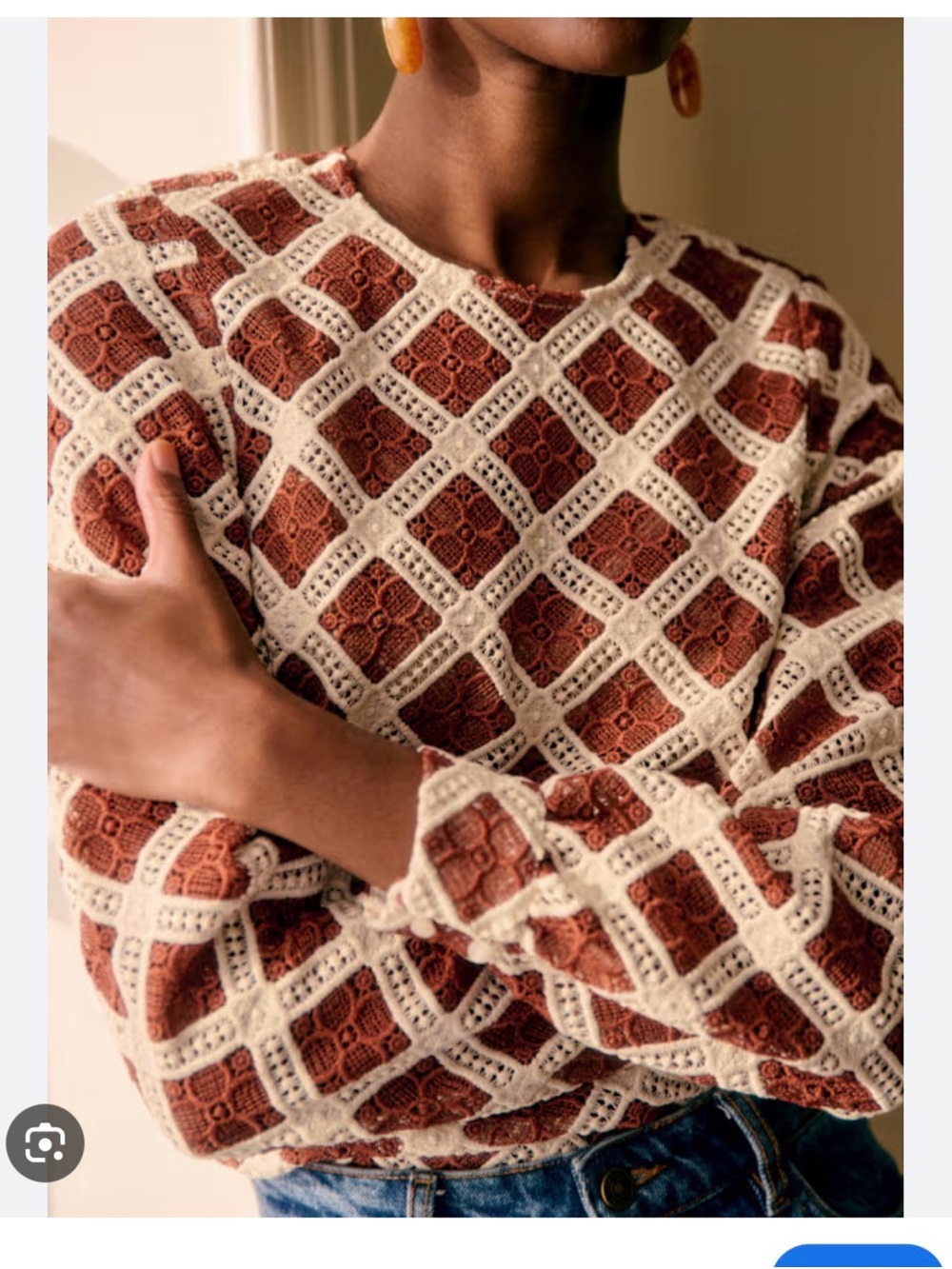 Sezane Cream Crochet Overlay Blouse with Brown Diamond Inset